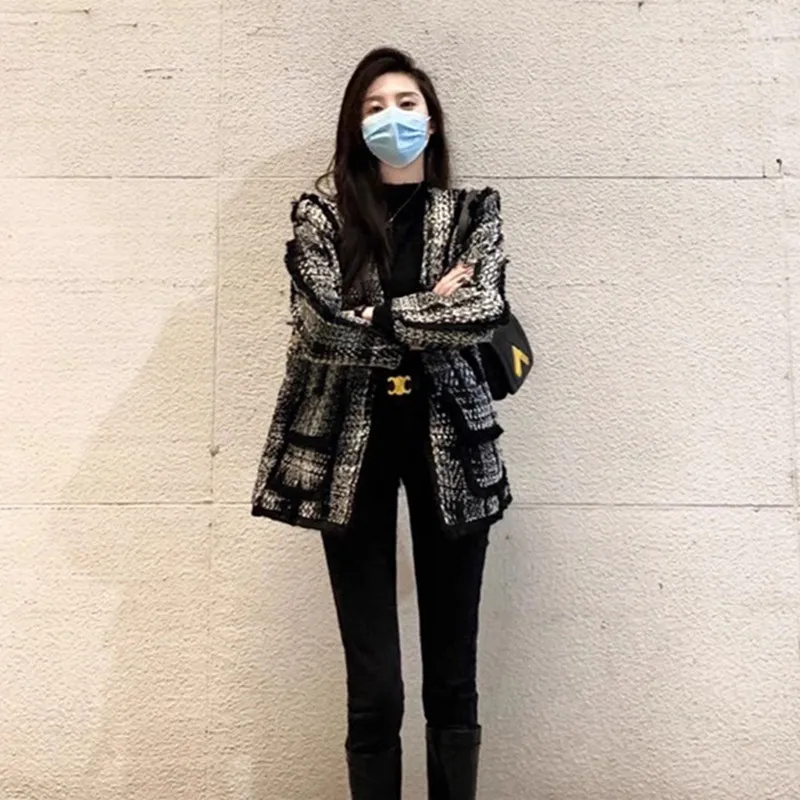 Plaid Mid-length Fleece-lined Black Wool Coat - Finland Night
