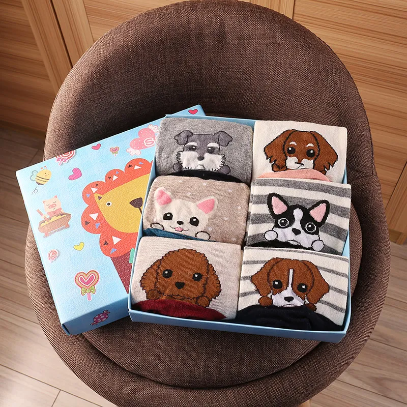 Cute Cartoon Three-dimensional Pure Cotton Mid Tube Christmas Couple Socks - Dogs 6Pairs