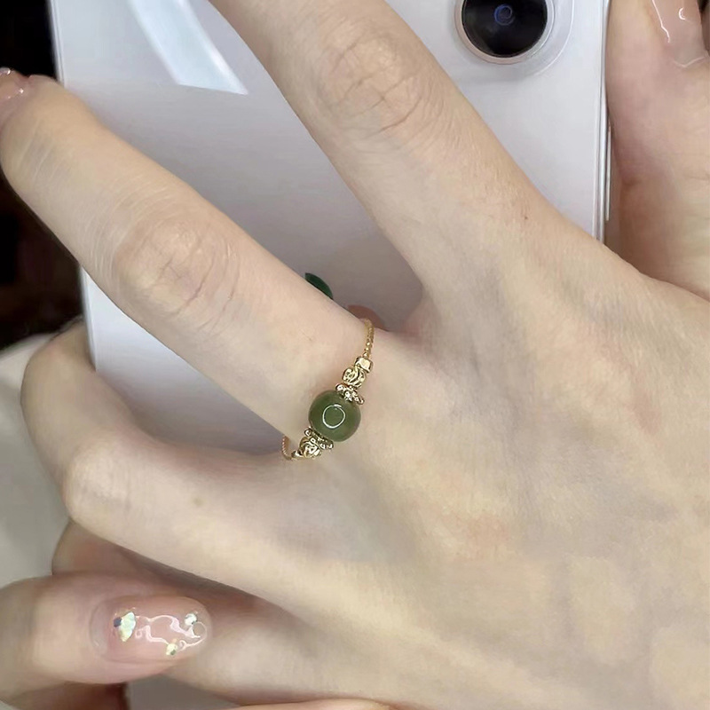 Highland Barley Hetian Jade Carven Design Lucky Beads Ring Female Retro With Opening Ornament