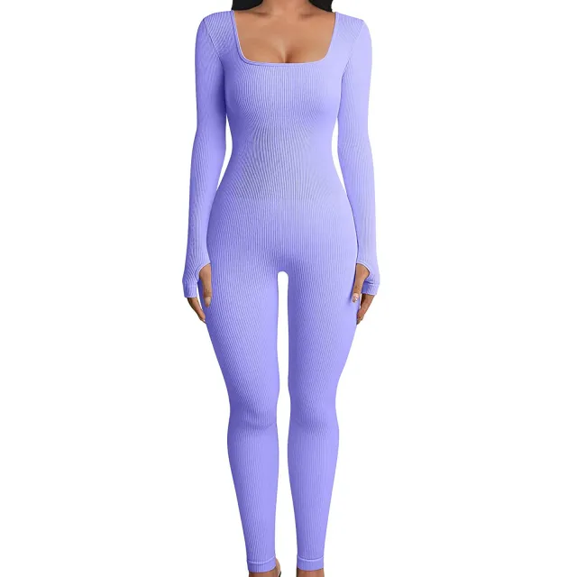 Fall Winter Hot selling Women's Clothing Long Sleeve Jumpsuit Yoga Sexy One piece Square Collar Sportwear Purple - Shop at LoveMi