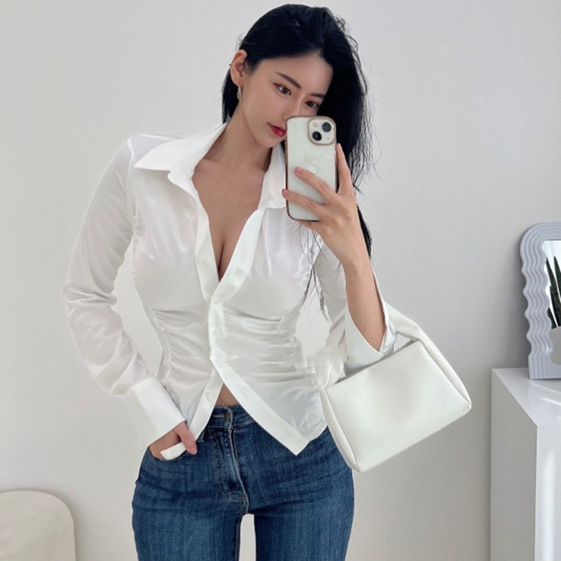 Autumn And Winter New Elegant Pleated Waist Tight Slim Lapel Slimming Shirt For Women - Image 6