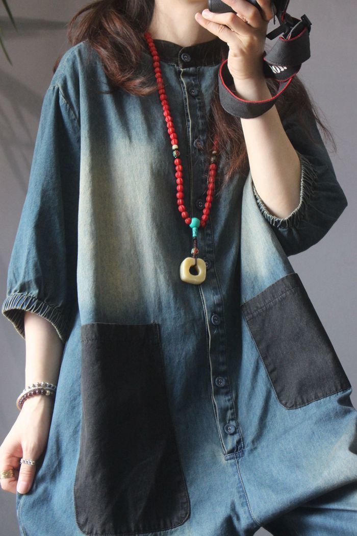 Retro Personality Plus Size Patch Large Pocket Jumpsuit