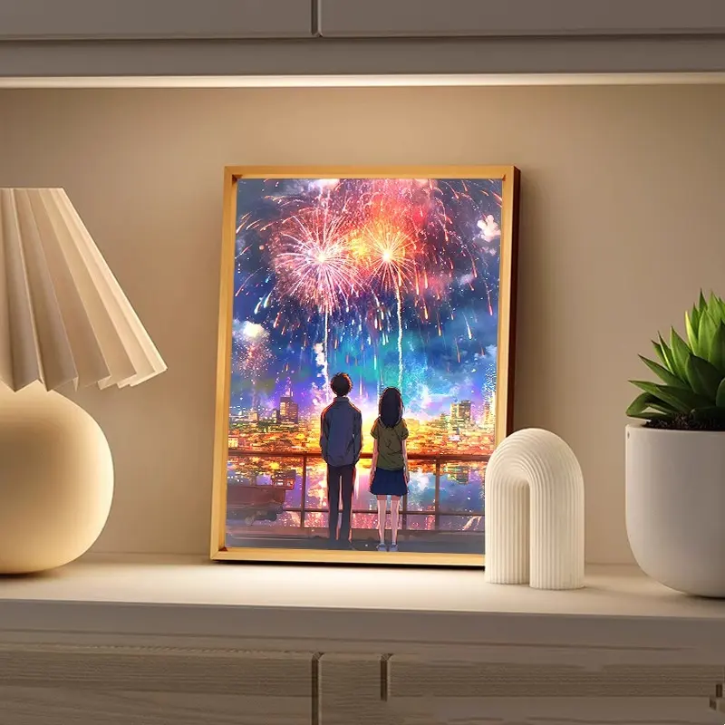 Couple Watch Fireworks Healing Lighting Painting Small