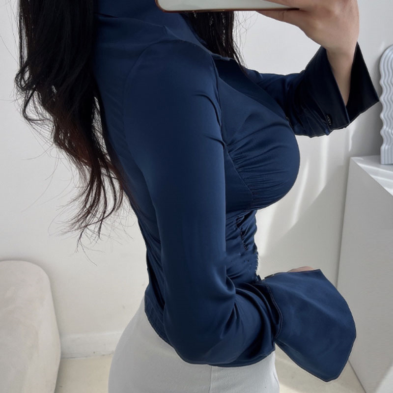 Autumn And Winter New Elegant Pleated Waist Tight Slim Lapel Slimming Shirt For Women - Image 2