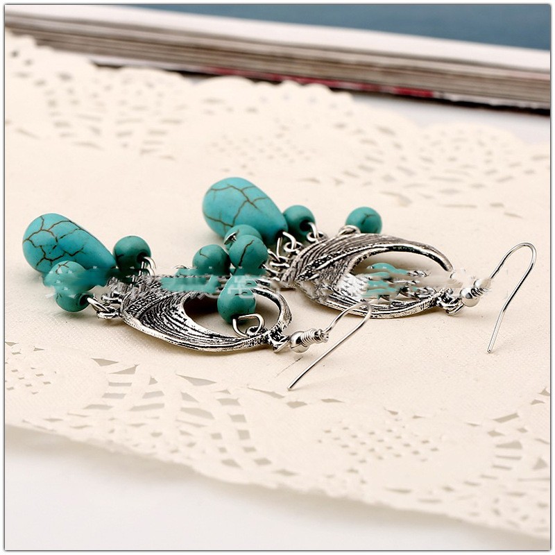 European And American Fashion Cross-border Indian Ethnic Style Vintage Ring Turquoise Pendant Earrings Long Eardrop Ornament