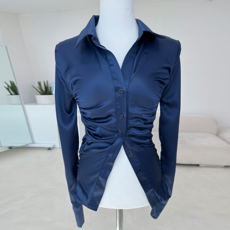 Autumn And Winter New Elegant Pleated Waist Tight Slim Lapel Slimming Shirt For Women - Image 8