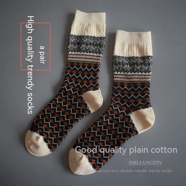 Mid Length Double Needle Christmas Artistic Retro Ethnic Style Long Socks Off White - Shop at LoveMi