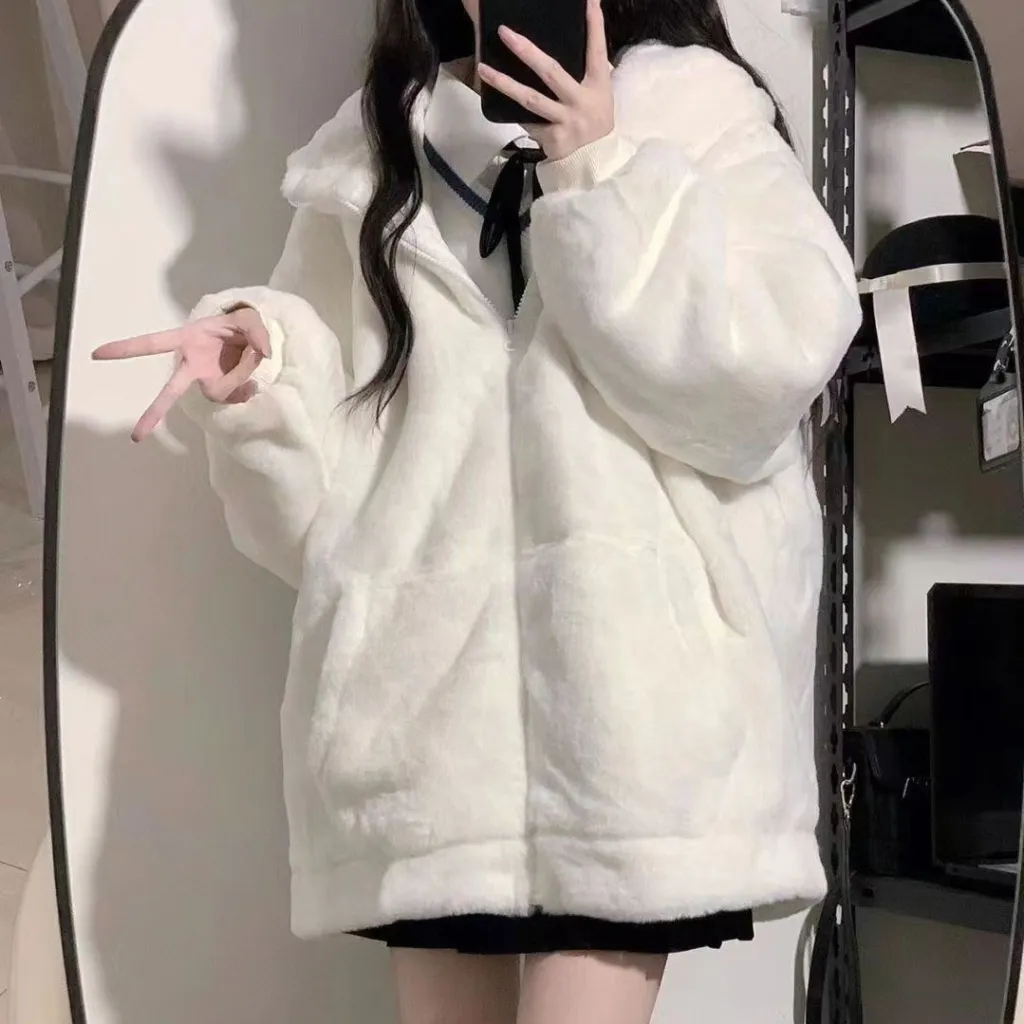 Women's Zipper Hooded Sweater Padded Fleece Sweater Plus Size White Top Cute Soft Winter Clothing Coat - White