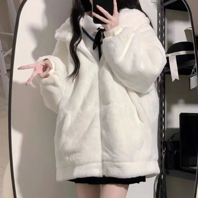 Women's Zipper Hooded Sweater Padded Fleece Sweater Plus Size White Top Cute Soft Winter Clothing Coat White - Shop at LoveMi