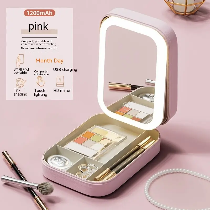 Makeup Storage Box with LED Light Mirror Portable Travel Makeup Cosmetics