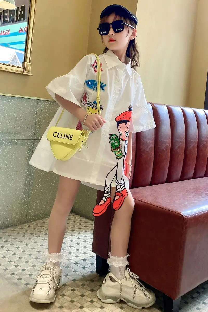 Girls' Pointed Collar Shirt Cute Cartoon Long