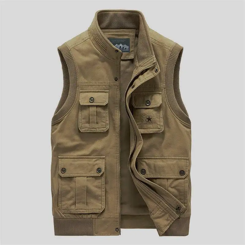 Men's Cotton Multi-pocket Vest Waistcoat Stand Collar