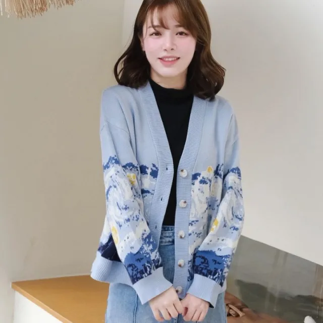 Women's French style Artistic Retro Lazy Style Knitted Sweater Blue - Shop at LoveMi