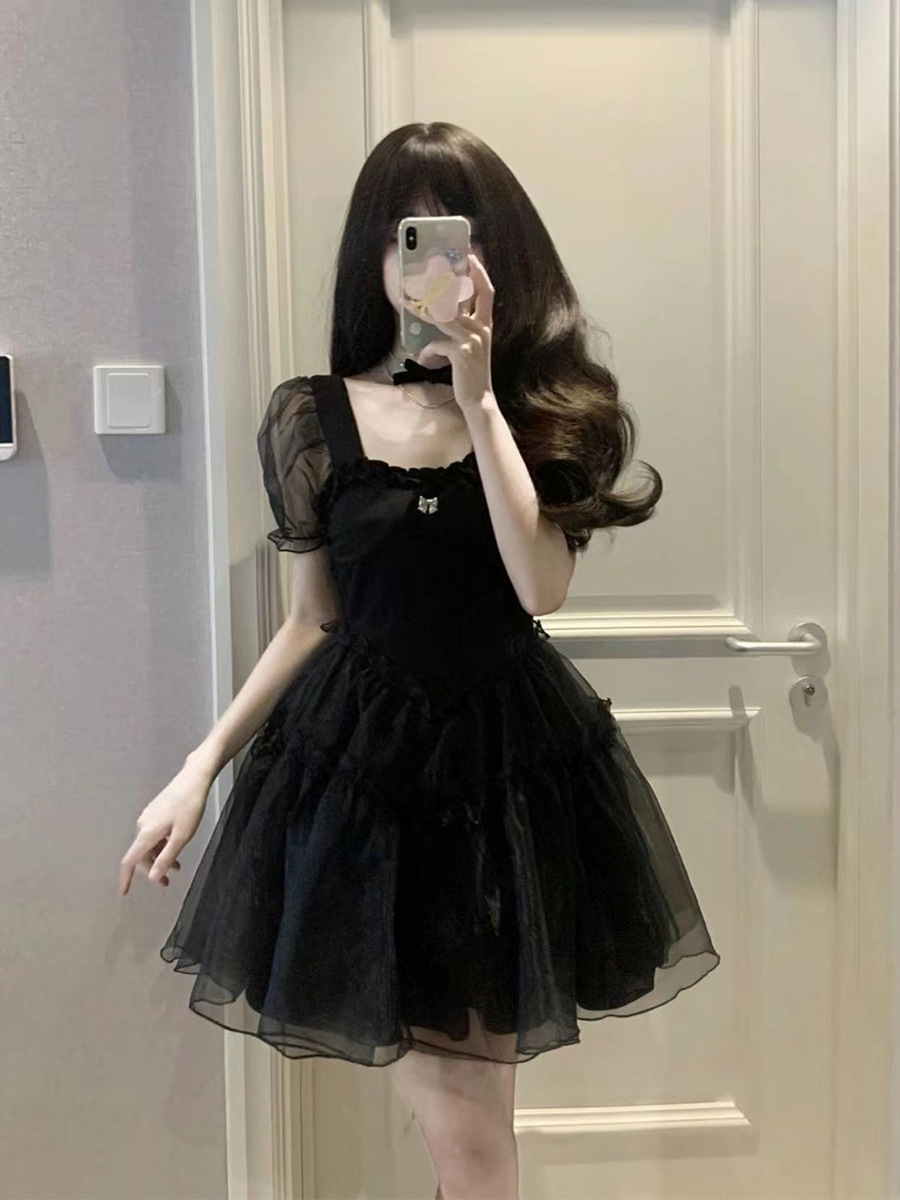 Retro Style Black Dress French Style Temperament High Waist Slimming Lady