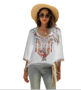 Summer Plus Size Women's V-neck Loose Short Sleeve T-shirt Top - White