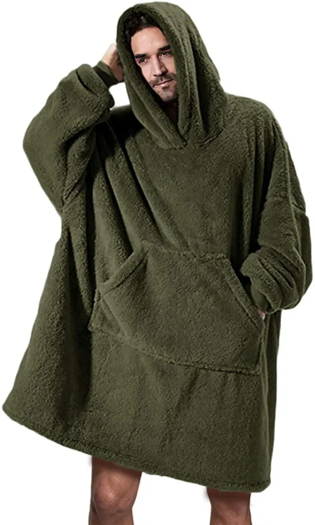 Hoodie Sweatshirt With Big Pocket Tops Sweater Comfortable Loose Double Sided Fleece Thicker Wearable Blanket Army Green - Shop at LoveMi