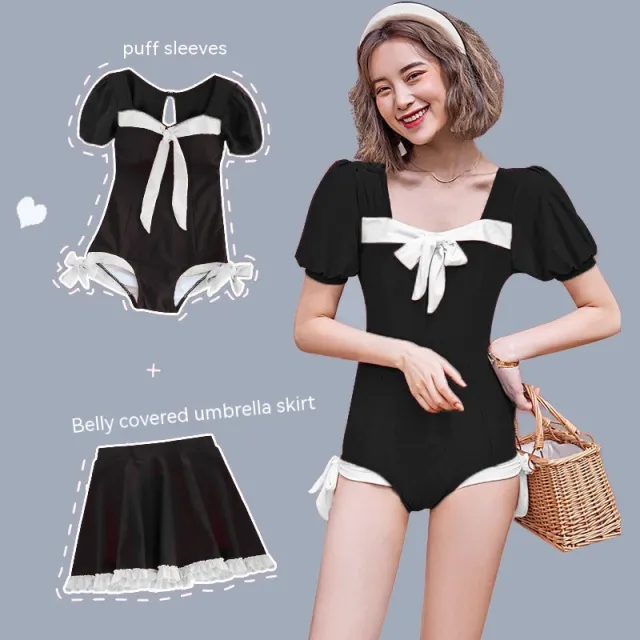 Swimsuit New Hot Spring Covering Belly Thin Small Chest Siamese Black - Shop at LoveMi