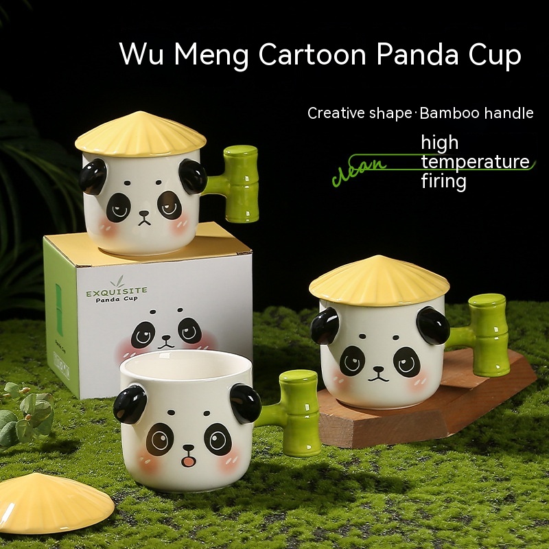 Cute Panda Ceramic Cup For Girls With Lid Milk Breakfast