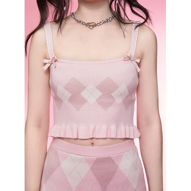 Diamond Vest Spaghetti Straps Knitted Cardigan Coat Three-piece Set - Vest