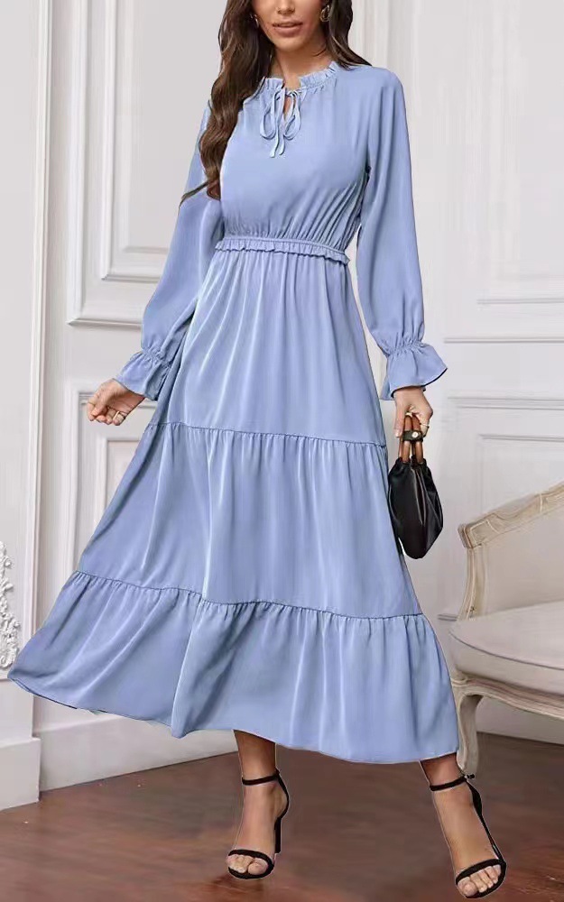 Summer Solid Color Long Sleeve European And American Style Women Dress Ladies