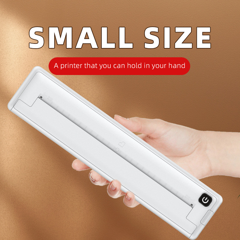 Portable inkless A4 thermal printer printing a full-size document on standard thermal paper