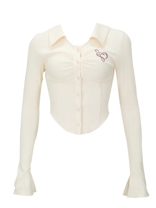 Waist Trimming Short Lapel Long Sleeve Shoulder Shirt For Women Milk Beige Coat - Shop at LoveMi