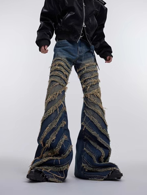 Niche Deconstruct Stereoscopic Destruction Striped Micro-ripped Jeans