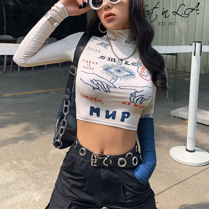 Stitching Long Sleeve T-shirt Women's Printed Turtleneck