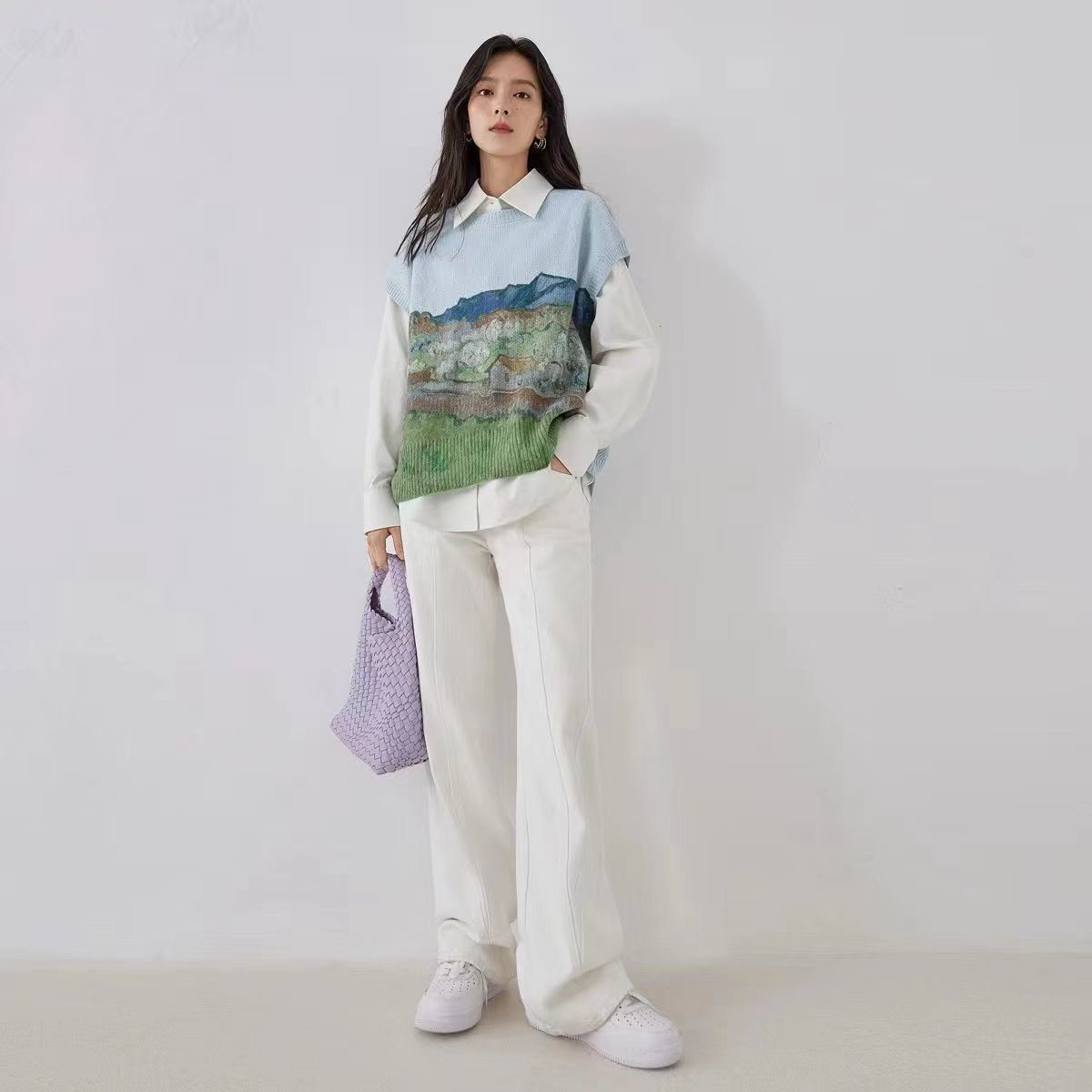 Retro Oil Painting Style Knitted Vest Sweater For Women