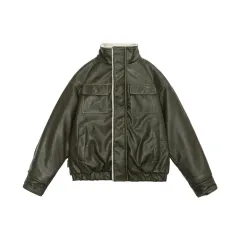 Retro Neutral Maillard Lamb Fur Coat Loose Leather Jacket Coat - Green - View 1