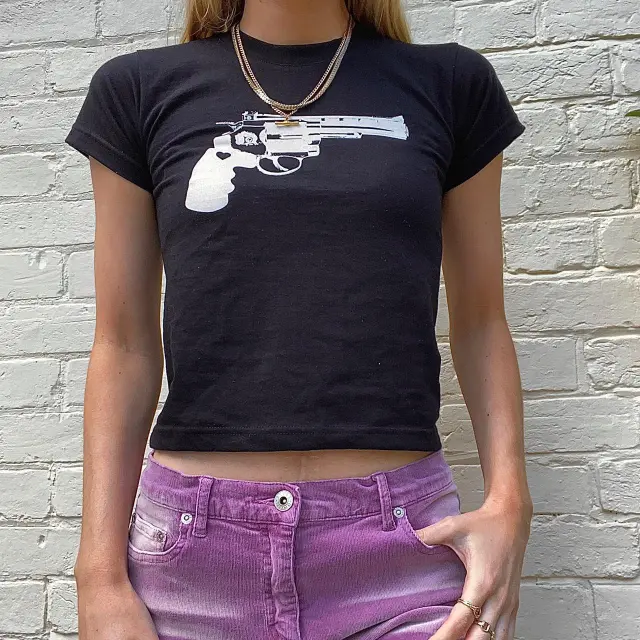 Women's Pistol Funny Print Cropped T shirt Black - Shop at LoveMi