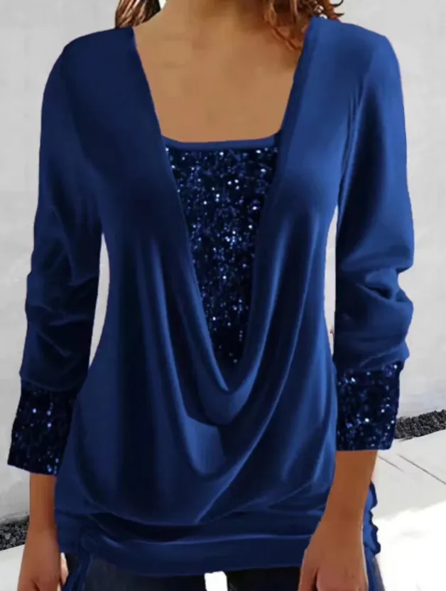 Pure Color Sequins Stitching U-neck Long-sleeved Elegant Casual T-shirt Top - Blue