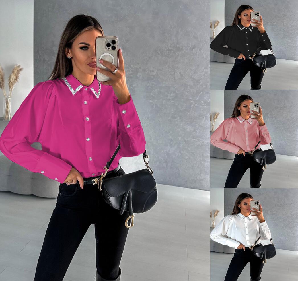 Women's Loose Long-sleeved Button Shirt With Diamonds