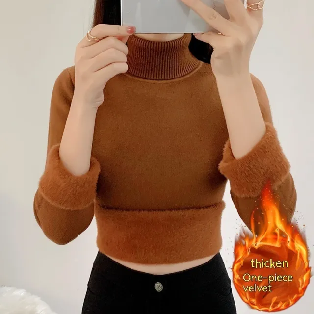 Fleece lined Thickened Integral Velvet Turtleneck Sweater For Women Coffee - Shop at LoveMi