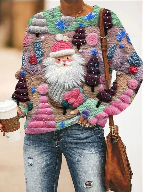Autumn And Winter 3D Digital Printing Christmas Round Neck Top - Adh1M2325111-L