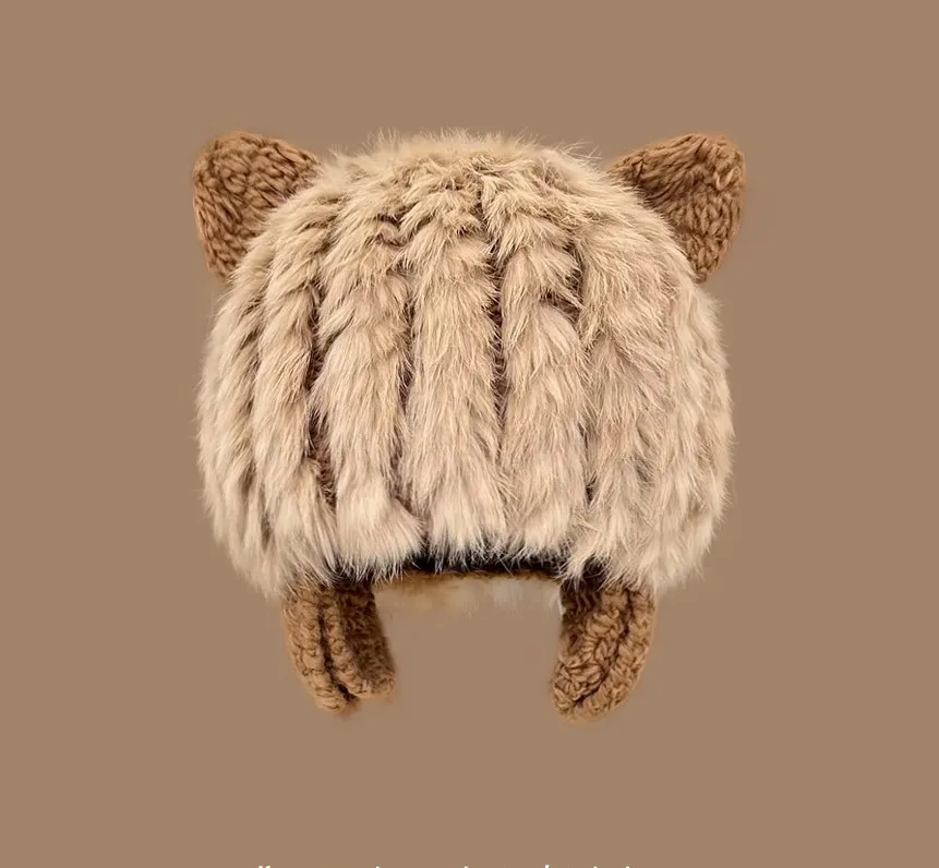 Japanese Cute Cat Ears Plush Rabbit Fur Knitted Sleeve Cap Female - Khaki