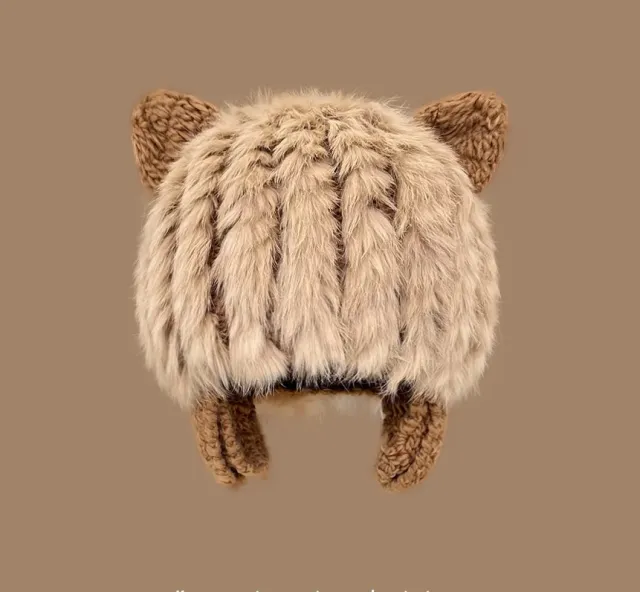 Japanese Cute Cat Ears Plush Rabbit Fur Knitted Sleeve Cap Female Khaki - Shop at LoveMi