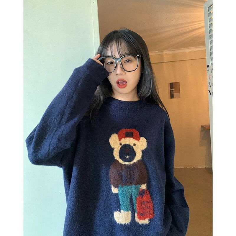 Simple Style Blue Pullover Knitwear Women's Soft Style Sweater
