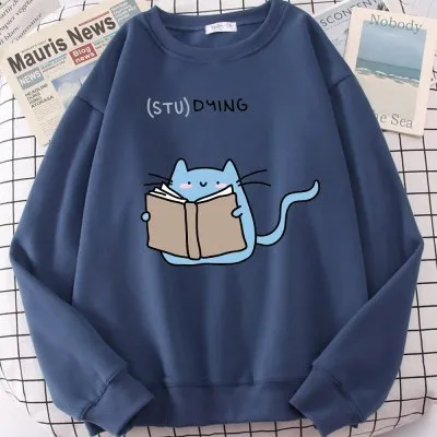 European And American Crew Neck Casual Cartoon Printed Long sleeved Pullover Grey Blue - Shop at LoveMi