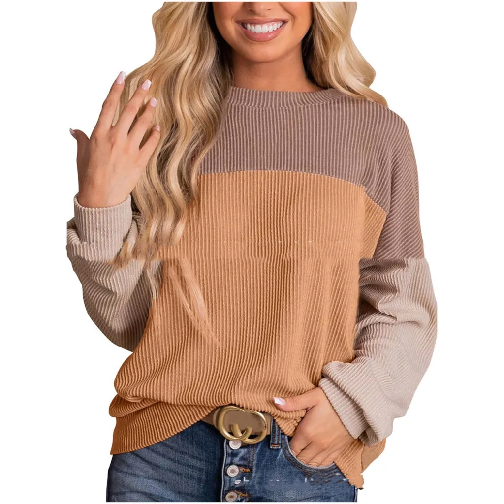 Women's Color Blocking Round Neck Long Sleeved Hoodie - Color3-L