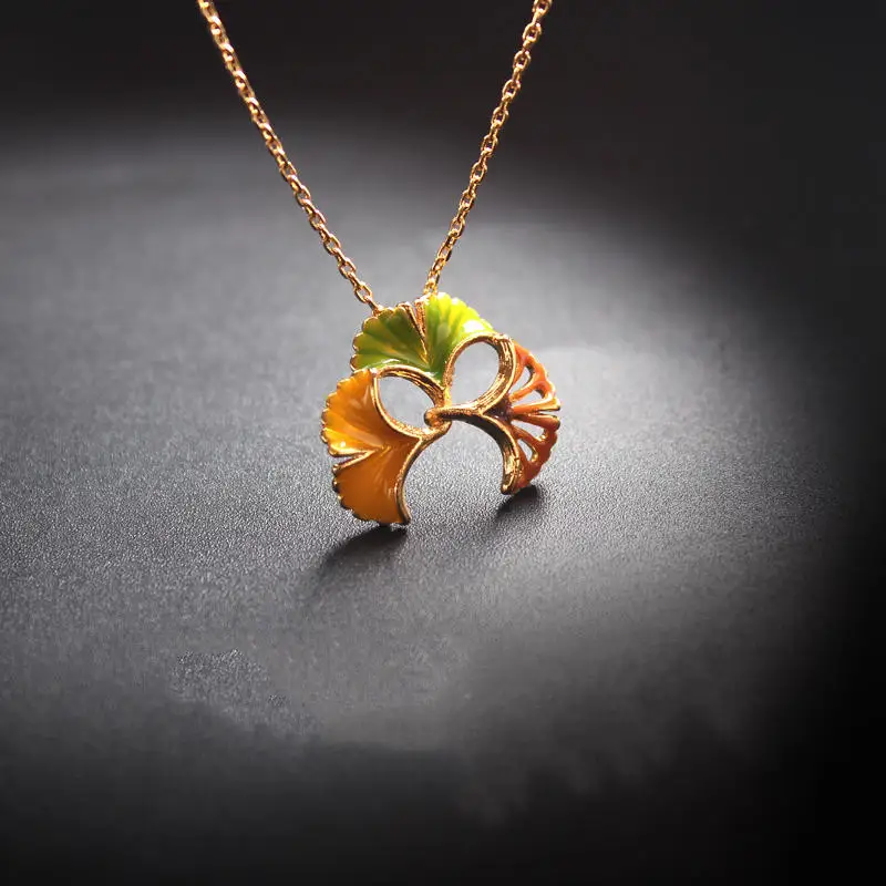 Gold Drop Glaze Ginkgo Leaf Elements Fresh Elegant Necklace