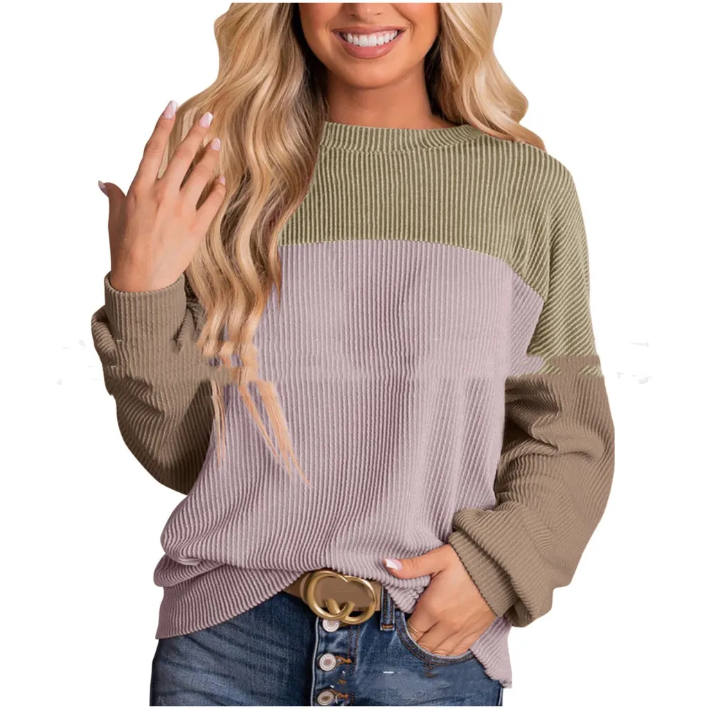 Women's Color Blocking Round Neck Long Sleeved Hoodie - Color6