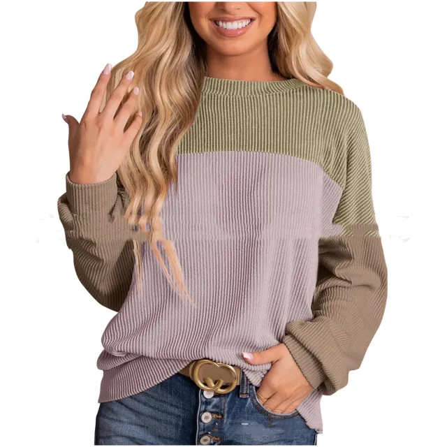 Women's Color Blocking Round Neck Long Sleeved Hoodie Color6 - Shop at LoveMi