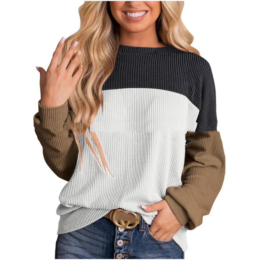 Women's Color Blocking Round Neck Long Sleeved Hoodie - Color1-S