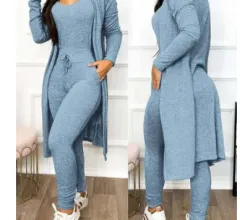 Women's Casual Suit High Waist Slip-on Casual Pants Drawstring Pocket Design Jumpsuit And Cardigan Cover - Light Blue - View 1