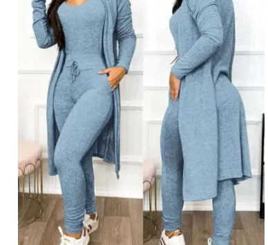 Women's Casual Suit High Waist Slip on Casual Pants Drawstring Pocket Design Jumpsuit And Cardigan Cover Light Blue - Shop at LoveMi