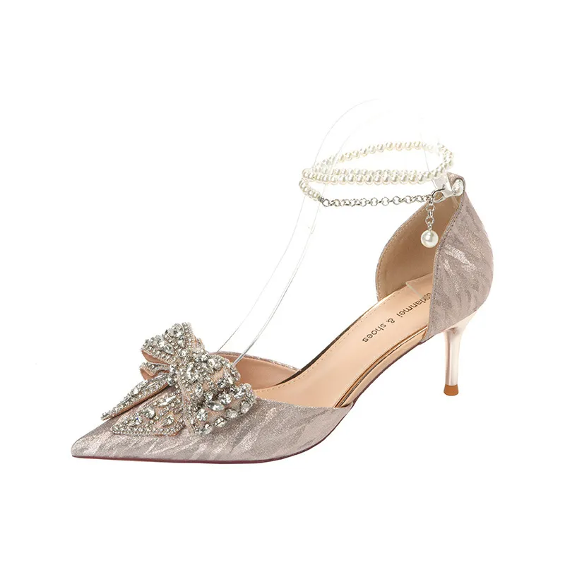 Rhinestone Bow Pointy Hollow Pearl Heels - Champagne6.5-38