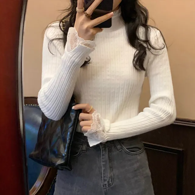 Half Turtleneck Lace Base Knitted White - Shop at LoveMi