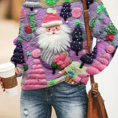 Autumn And Winter 3D Digital Printing Christmas Round Neck Top Purple - Shop at LoveMi