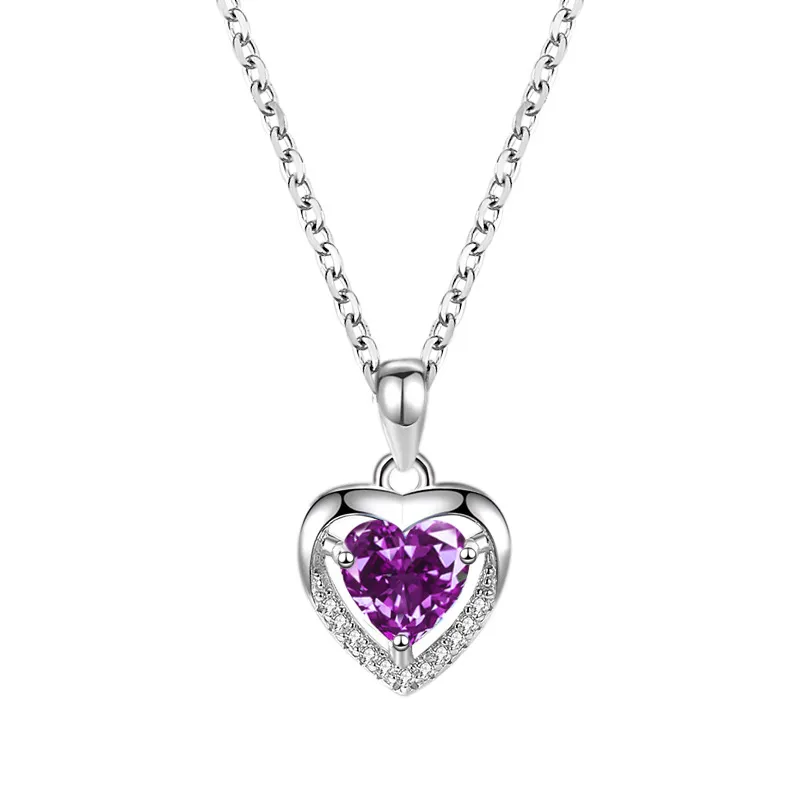 925 Heart-shaped Rhinestones Necklace Luxury Personalised Necklace For Women Jewellery Jewellery Valentine's Day Gift - Purple